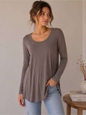 Chris & Carol Taupe Modal Tunic Top Small Long Sleeve Soft Basic